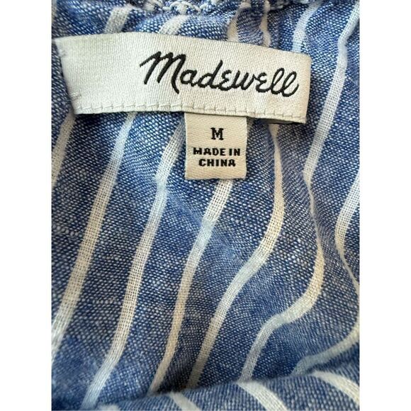 Madewell Linen Blend Striped One-Shoulder Ruffle Chambray Dress Size M - Picture 8 of 11